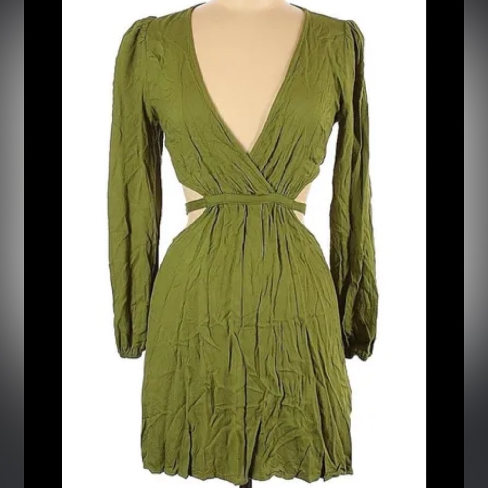 Forever 21 Olive Green Long Sleeve Deep V Cutout Dress